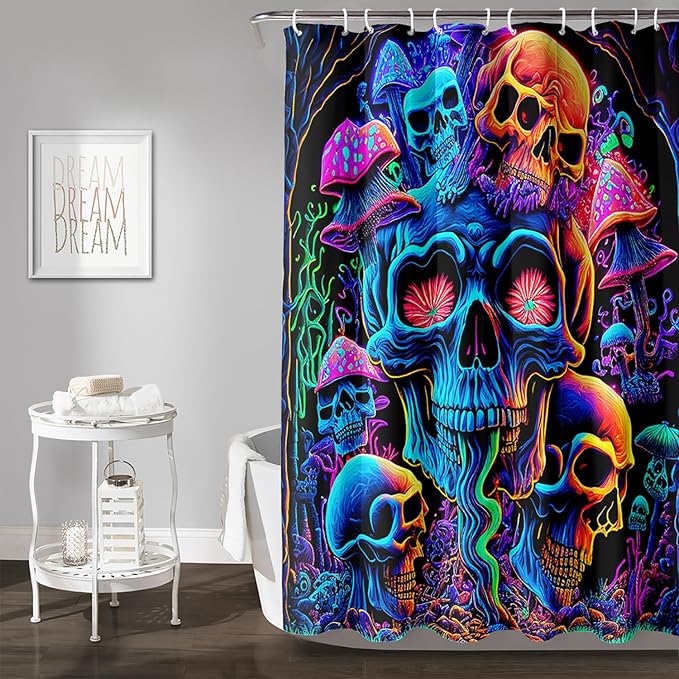 AILONEN Mushroom Skull Shower Curtain for Bathroom,Purple Mushroom Skull Bath Curtain,Fantasy Fairy Skull Skeleton Decoration Bathroom Waterproof Shower Curtain with 12 Plastic Hooks, 60" W*72" H