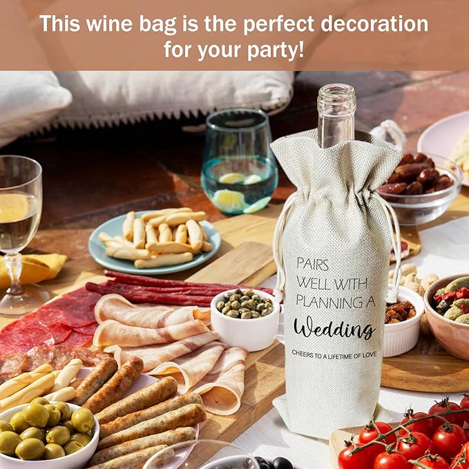 Engagement Wine Gift Bag, Engagement Gifts for Couples Newly Engaged, 1pcs Well with Wedding Planning Reusable Burlap Drawstring Wine Gifts Bag for Wine Bottles, Wedding Holiday Party Favor -09