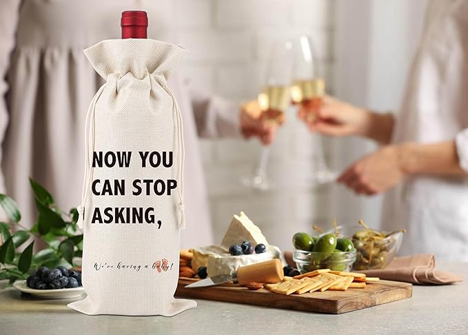 Now You Can Stop Asking,Pregnancy Announcement Wine Label,New Aunt Gifts,Baby Announcement to Friends Wine Label,Pregnancy Reveal,Gifts for grandparents, aunts, uncles,1 Drawstring Gift Wine Bag,Q23