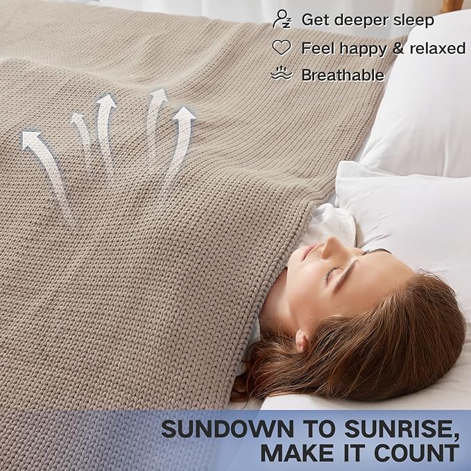 Knitted Weighted Blanket(Beige 60"x80" 15lbs),Home Décor Cooling Throw Blanket for Hot Sleepers,Hand Made Chunky Knit Heavy Blanket for Adults Use on Queen/King Size Bed