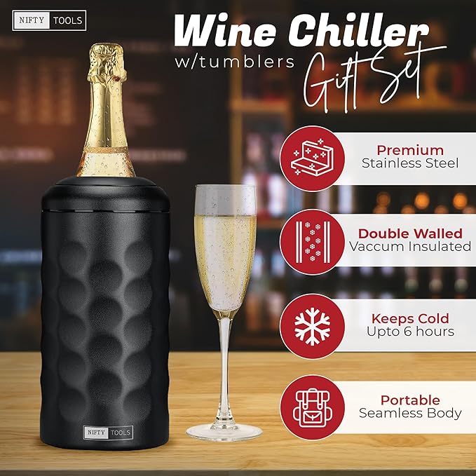 Portable Double Wall Insulated Vacuum Stainless Steel Wine Champagne Bottle Chiller gift set w/two tumblers (Black)