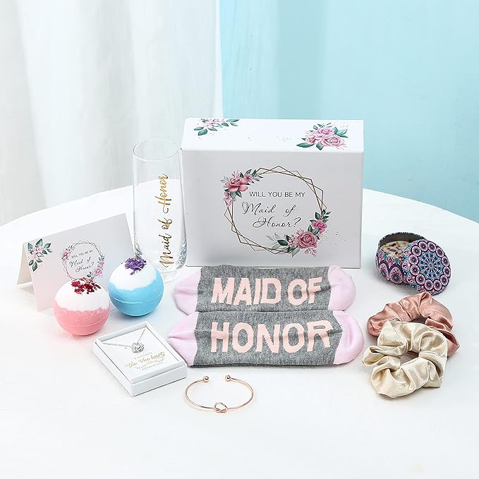 Maid Of Honor Proposal Gifts Set-Will You be My Maid Of Honor Gift Box, Wedding Engagement Gifts,Bachelorette Party Bridal Showers gifts,Maid Of Honor Bracelets, Necklaces And Socks ,Rose Spa Gifts
