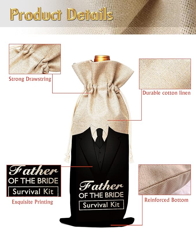 Muruseni Father of the Bride Gift,Gift for Father in law, Birthday Gift for Father in law, Gift to Wife's Father, Groom to Father in law Gift-Cotton linen Drawstring Wine Bags(1 Pack)