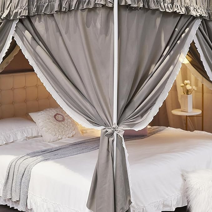 Ruffle Lace up 4 Corners Post Princess Curtain Bed Canopy Cozy Breathable Mosquito Net Cloth for Girls Adults Bedroom Decoration (Grey, 64" W*82" L*82" H/Queen)
