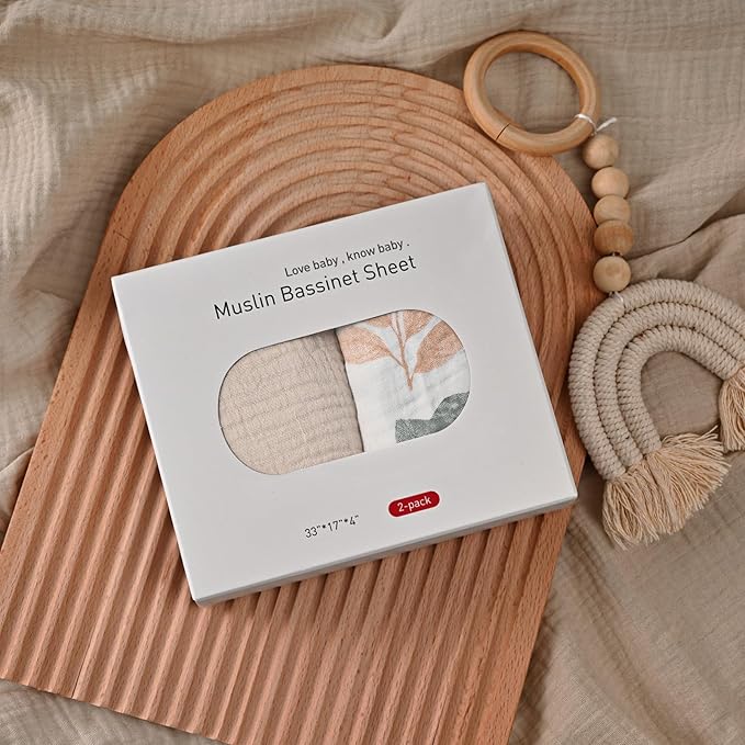 Muslin Bassinet Fitted Sheets, 2 Pack for Baby Boy and Girl, Soft Breathable Baby Pad/Mattress Sheet, Fit for Hourglass Oval and Rectangle Bassinet Mattress (Bright Leaves, Bassinet Sheets 2 Pack)