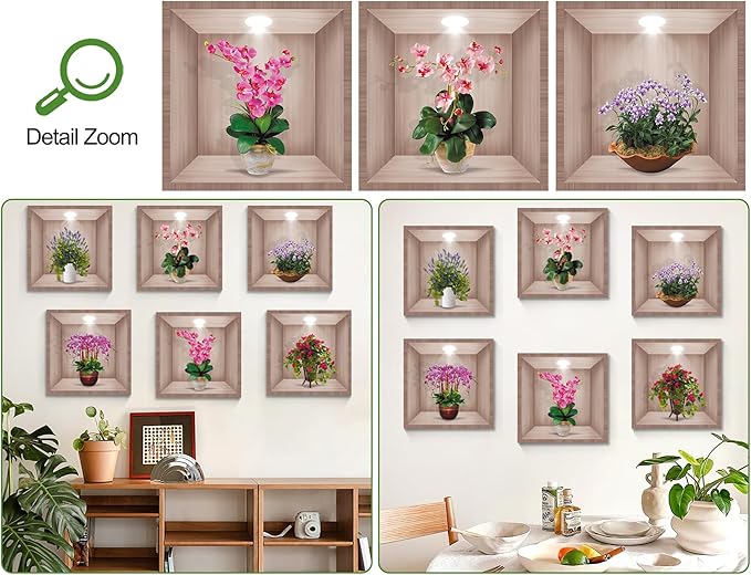 DTLIFEK 3D Green Plants Wall Decals 3D Flowers Vase Wall Sticker Green Pot Plants Wall Decor Colorful Floral Blossom Botanical Wall Panels Removable Peel and Stick Wallpaper for Bedroom Kitchen 39090