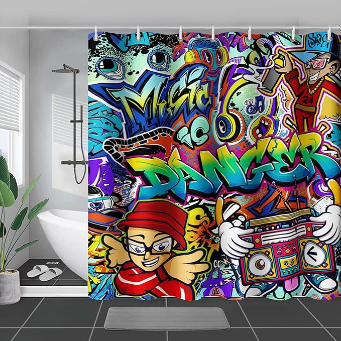 AILONEN Hip Hop Graffiti Shower Curtain for Bathroom,Colorful Graffiti Music Dancer Bathroom Curtain for Kids Boys Girls,Bath Curtain 72" W*96" H Polyester Waterproof Bathroom Curtain with 12 Hooks