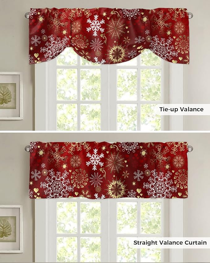 Christmas Blackout Tie Up Valance Curtains for Kitchen Windows Snowflake Pattern Window Toppers Balloon Shades for Living Room/Bathroom/Bedroom,1 Panel,54" X 18" Gold White