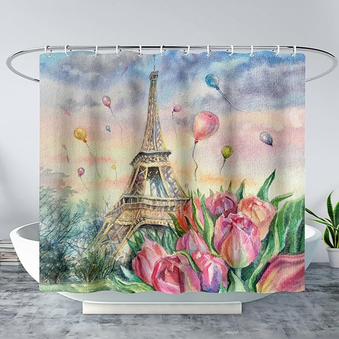 AILONEN Eiffel Tower Shower Curtain,Fantasy Tower Bathroom Fabric Shower Curtain for Girls Kids Teens, 48" W*72" H Flower Balloon Paris Tower Watercolor Theme Bathroom Decor