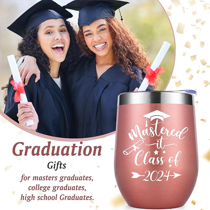 Lifecapido Graduation Gifts, Mastered it Class of 2024 12oz Wine Tumbler with Keychain, 2024 High School College Masters Degree PHD Graduation Gifts for Her Graduates Friends Classmates, Rose Gold