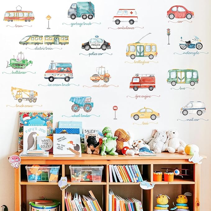 Wall Stickers Car for Boys Room Straight Roadway Wall Decals 38pcs Cartoon Cars Interior Stickers Toddler Travel Essentials for Car Trip Decalmile Vehicle Truck Stickers for Boy Bedroom Nursery