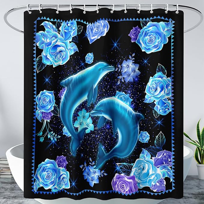 AILONEN Catrtoon Dolphin Shower Curtain Bathroom 72" W*96" H Blue Dolphin Curtain Cloth Fabric Bathroom for Kids Girls,3D Blue Rose with Jumping Dolphins Shower Curtain Set