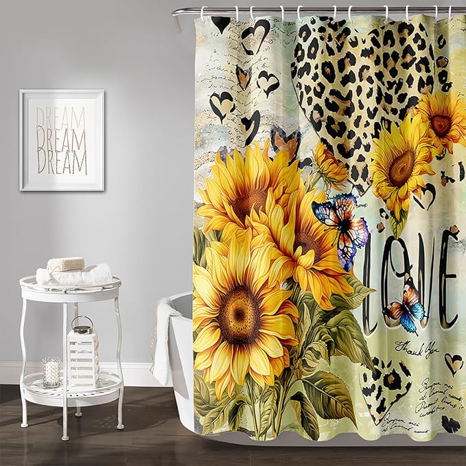 AILONEN Sunflower Waterproof Shower Curtain,Yellow Sunflower Bath Curtain for Girls Women,Romantic Hearts Butterfly Flower Bathroom Curtain with 12 Plastic Hooks, 72" W x 96" H
