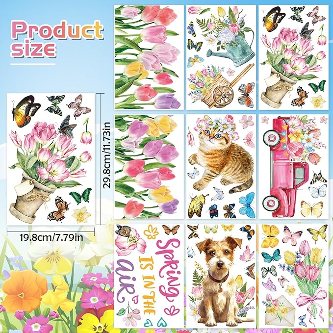 HOWAF Spring is in The Air Tulip Flowers Window Clings Stickers,9 Sheets Hello Spring Floral Butterfly Truck Cart Wall Glass Stickers Decal Decorations, Spring Cat Dog Theme Window Decals