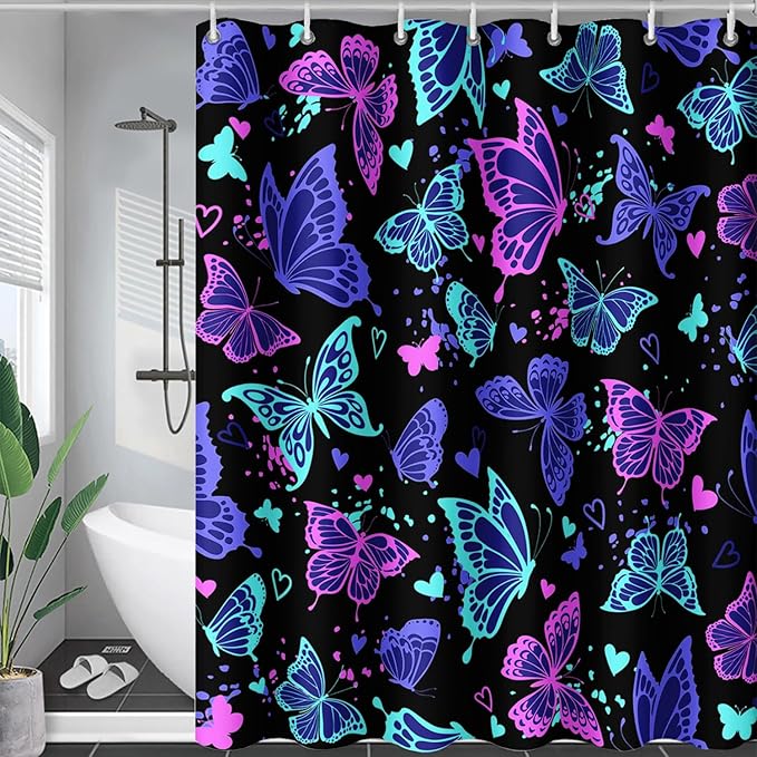 AILONEN Colorful Butterfly Shower Curtain, Butterfly Bath Curtain for Bathroom Decor,Polyester Waterproof with 12 Plastic Hooks 60" W*72" H
