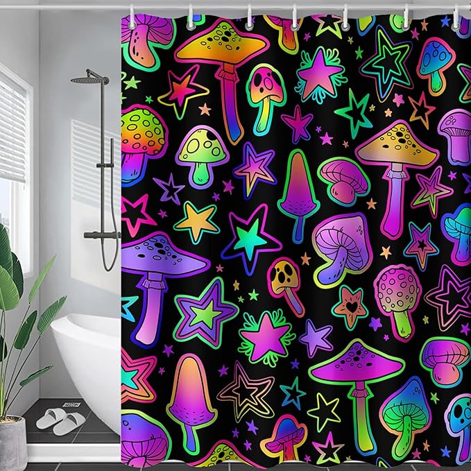 AILONEN Cute Mushroom Window Curtain for Kids,Star Purple Mushroom Curtain for Bathroom Decor,Gradient Mushroom Polyester Waterproof with 12 Plastic Hooks 48" W*72" H