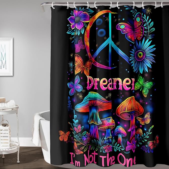 AILONEN Mushroom Shower Curtain for Bathroom,Butterfly Flower Design,Polyester Fabric,Waterproof,Blue Purple Fungus Plants Black Bath Curtains Washable,with 12 Plastic Hooks, 36" W x 72" H