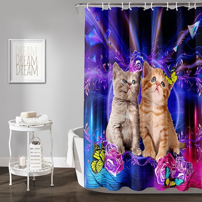 AILONEN 3D Cat Shower Curtain,Cute Kitten Shower Curtain Set for Kids Boys Girls,Cat Lovers Animal Shower Curtain for Bathroom,Rose with Butterfly Bath Curtain with Hooks,72" W*96" H