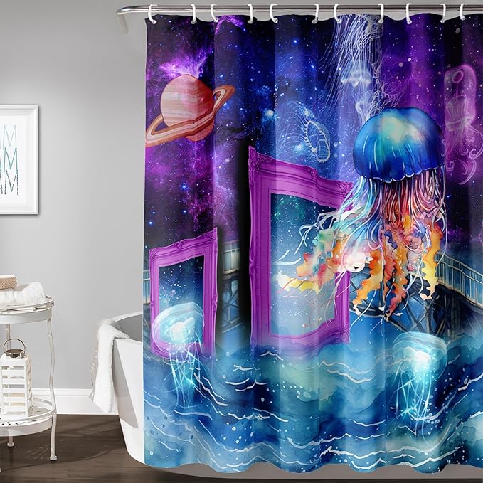 AILONEN Colorful Jellyfish Shower Curtains,Purple Galaxy Bath Curtains,Planet Jellyfish Curtains for Kids Boys Girls,Polyester Waterproof for Bathroom with 12 Hooks,48" W*72" H Purple