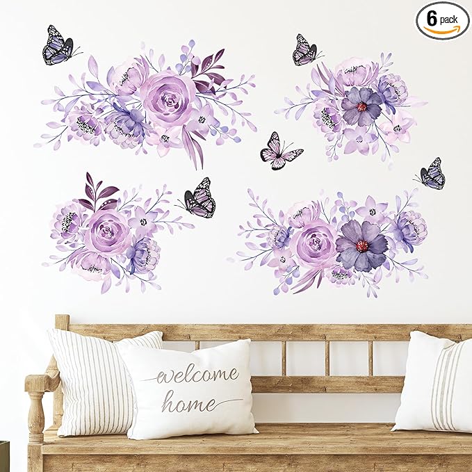 Zonon Flowers Wall Decals Vinyl Dragonflies Flowers Wall Stickers Removable Floral Wall Murals Peel and Stick Colorful Flower Wall Decor for Bedroom Living Room Nursery(Flower and Butterfly)