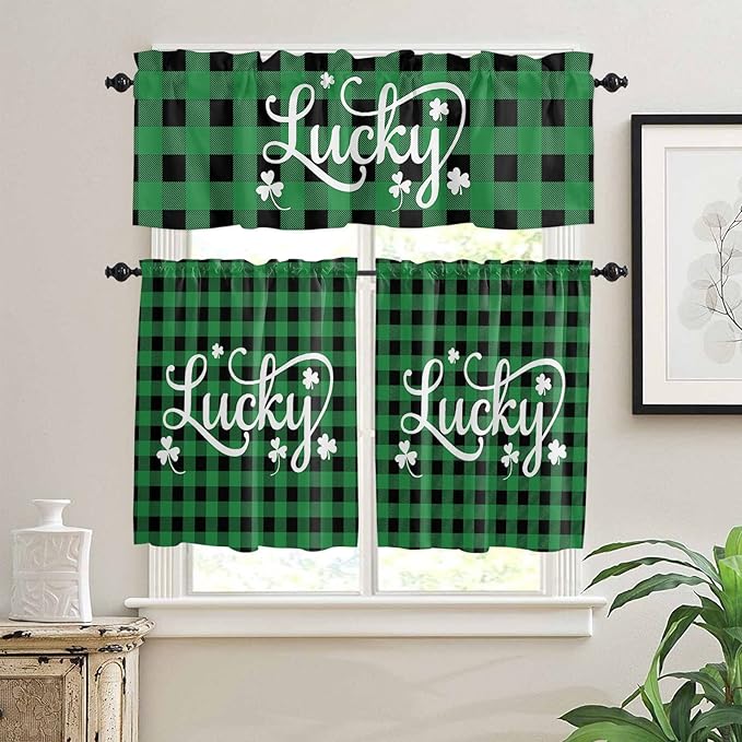 St. Patrick's Day Buffalo Plaid Kitchen Curtains and Valances Set, Lucky Shamrocks Clover Window Tiers Rustic Green Black Half/Short Curtains for Small Windows Cafe /Living Room/ Bedroom 54x24 in