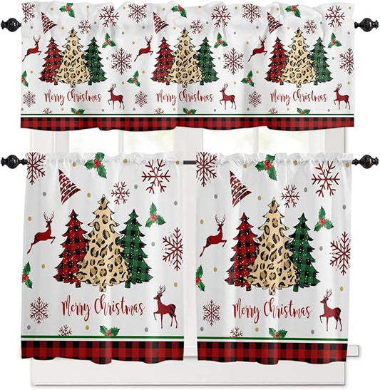 Merry Christmas Kitchen Curtains and Valances Set,Farm Christmas Tree Buffalo Plaid Leopard Window Treatments Tiers Holiday Decor Half/Short Curtains for Small Windows Cafe/Living/ Bedroom 54x24 in