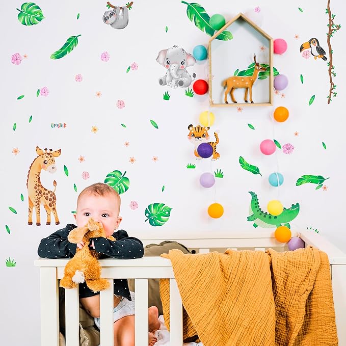 Safari Animal Wall Decals for Kids by Lipastick - Jungle Animal Wall Stickers for Kids Baby Girl Boy Room - Creative Nursery Vinyl Wall Decal - Elephant Giraffe Crocodile Parrot Koala S Size