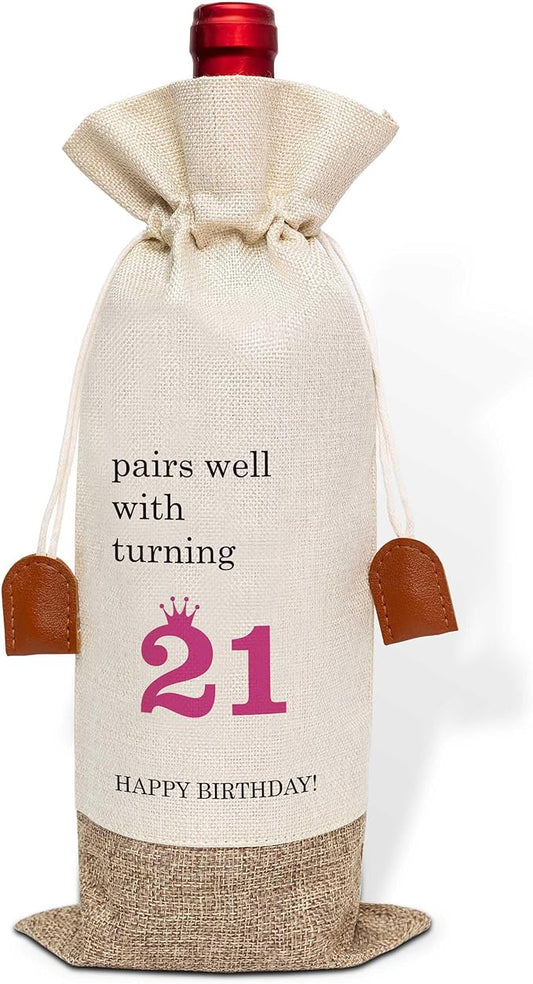 21th Birthday Wine Bag, Cotton Linen Wine Gift Bag With Drawstring, Wine Champagne Bottle Gift Bag, 21st Birthday Gifts Wine Bag for Woman Her Girl Friend Sister, 21th Birthday Party Favors-33