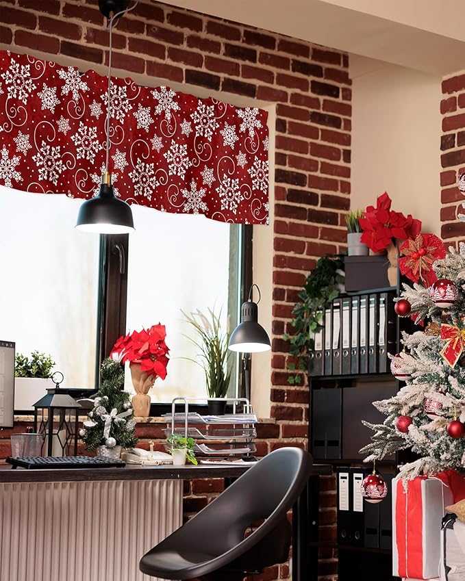 Christmas Valance Curtains for Kitchen Windows Red White Snowflakes Pattern Rod Pocket Window Treatment Toppers for Kitchen/Living Room/Bedroom/Bathroom, 42" X 18", Winter