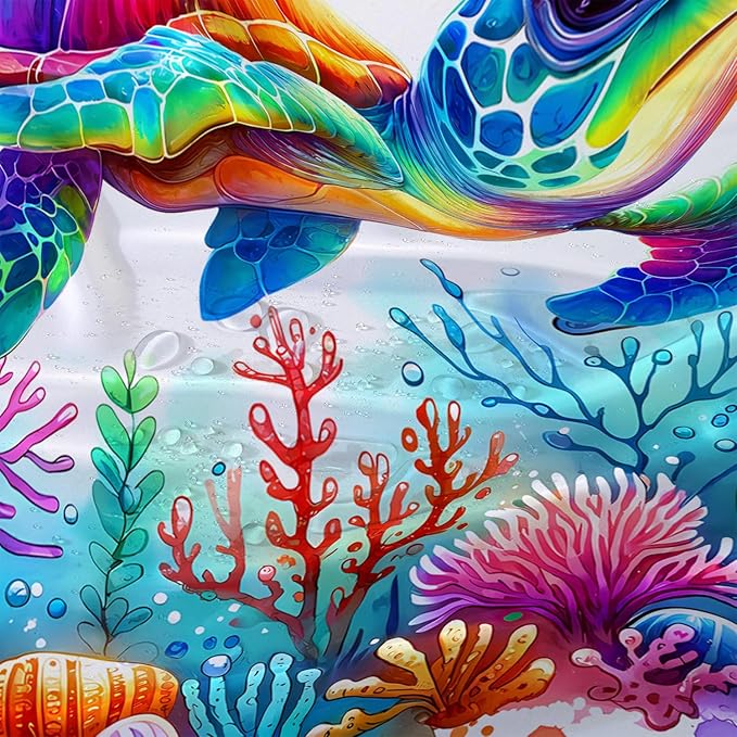 AILONEN Colorful Sea Turtle Shower Curtain, Cartoon Ocean Theme World Cloth Bath Curtain for Bathroom,Watercolor Underwater Waterproof Fabric Shower Curtain Set with Hooks,72" Wx96 H