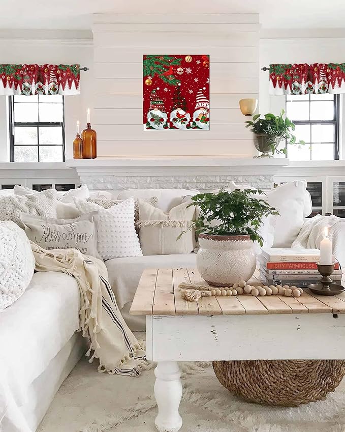 Christmas Gnomes Kitchen Curtains Valances for Windows Red Winter Holidays Rod Pocket Window Treatment for Kitchen /Living Room/Bedroom/ Bathroom,42" X 18" -1 Panel, White Snowflakes Xmas Trees