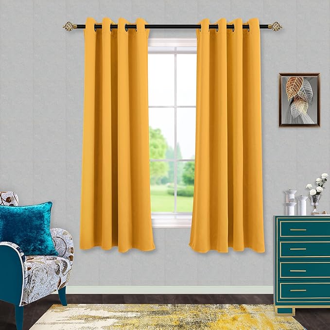 Spring Mustard Yellow Curtains for Bedroom 63 Inch Length 2 Panels Set Grommet Light Blocking Yellow Blackout Curtains for Living Room