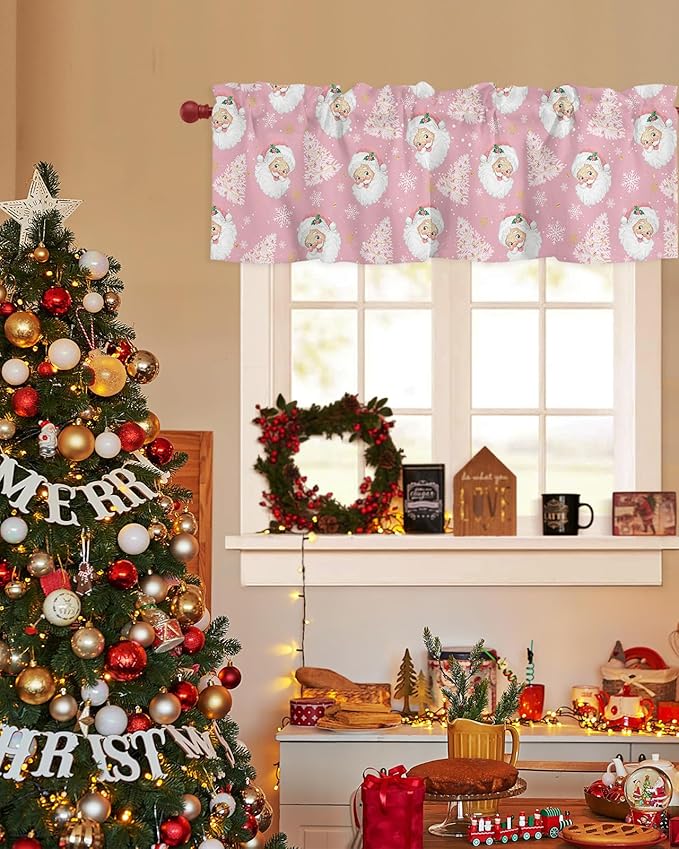 Pink Christmas Valance Curtains for Kitchen Windows Santa Claus Merry Christmas Tree Rod Pocket Window Treatment Toppers for Kitchen/Living Room/Bedroom/Bathroom, 54" X 18", Winter Snowflake