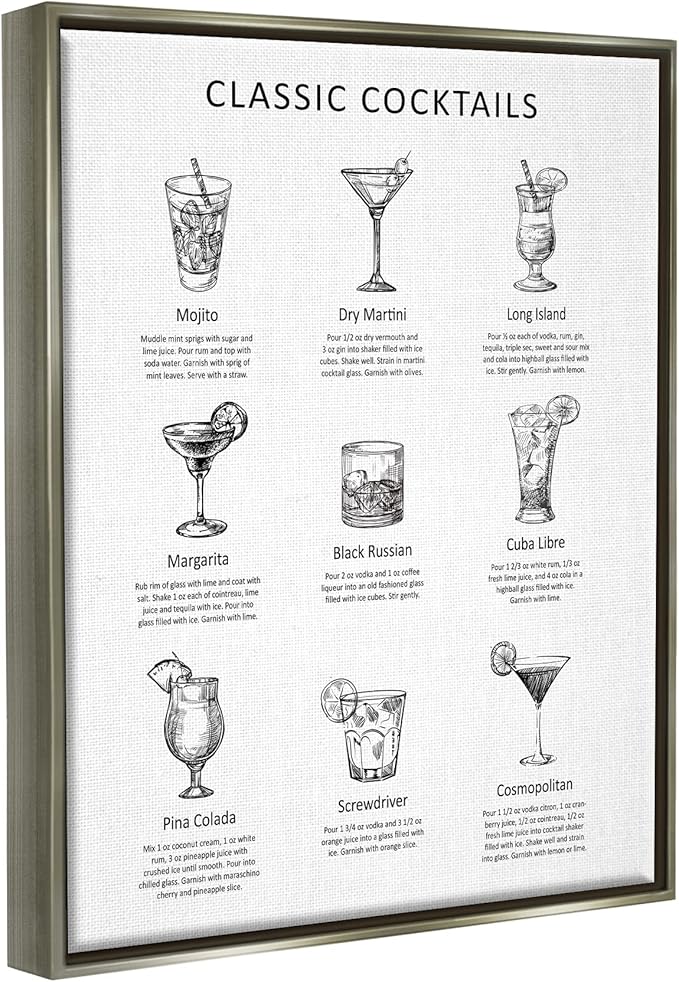 Stupell Industries Classic Cocktails Mixed Drinks Kitchen Bar Sign Chart, Design by Lettered and Lined