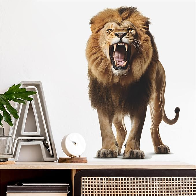 Lion Wall Decals, Vinyl Removable 3D Stickers for Bedroom Nursery Decor - Peel and Stick Cute Baby Girl Boy Toddler Kids Room Art Decoration, Woodland Forest Safari Jungle Mural Waterproof