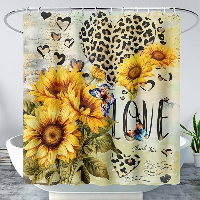 AILONEN Sunflower Waterproof Shower Curtain,Yellow Sunflower Bath Curtain for Girls Women,Romantic Hearts Butterfly Flower Bathroom Curtain with 12 Plastic Hooks, 72" W x 72" H