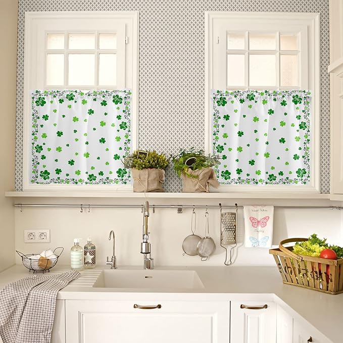 St. Patrick's Day Kitchen Curtains and Valances Set, Green Shamrock Irish Clover Window Tiers Seasonal Spring Holiday Half/Short Curtains for Small Windows Cafe /Living Room/ Bedroom 54x 36 in