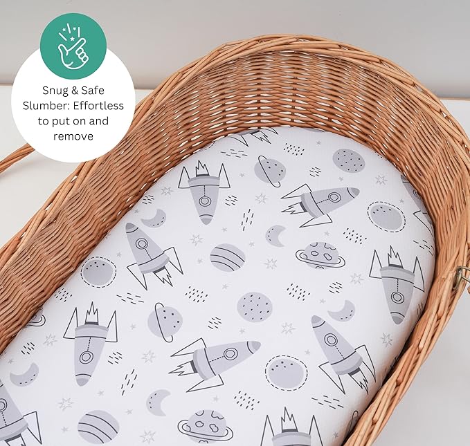 Bassinet Sheets for Dream On Me Karley, Plus, Lacy, Small Regalo Basics, Baby Delight Slumber, Snuggle Nest, Graco Carry Cot, 3 Pack, 16 x 32, Ultra Soft, Unisex Boys Girls, Gray (Space Rockets)