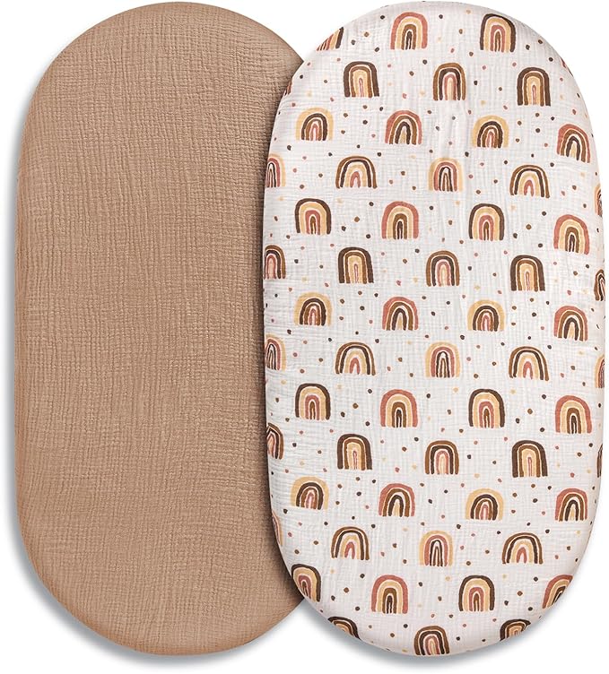 Muslin Bassinet Sheets 2 Pack for Baby Boy and Girl, Breathable Elastic Cozy Fitted Cotton Bassinet Mattress Sheet, Universal Fit for Hourglass Oval and Rectangle Bassinet Mattress (Cute Rainbow)