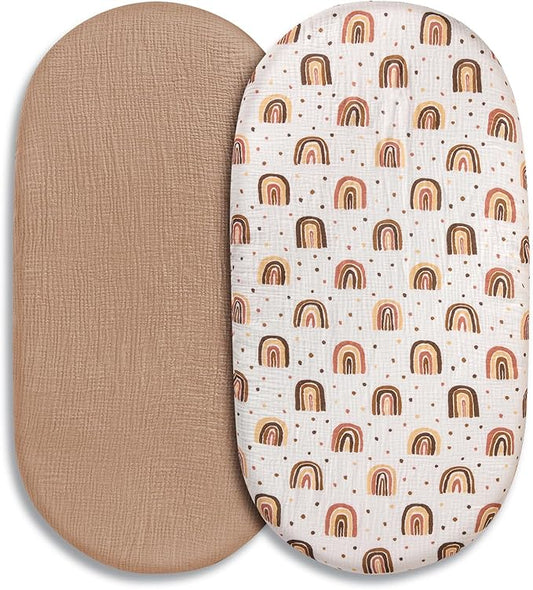 Muslin Bassinet Sheets 2 Pack for Baby Boy and Girl, Breathable Elastic Cozy Fitted Cotton Bassinet Mattress Sheet, Universal Fit for Hourglass Oval and Rectangle Bassinet Mattress (Cute Rainbow)