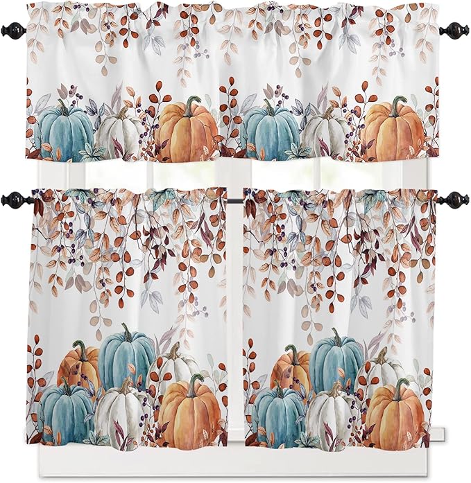 Fall Thanksgiving Kitchen Curtains and Valances Set,Watercolor Autumn Pumpkins Eucalyptus Leaves Small Window Treatments Tiers Half/Short Curtains for Cafe /Living Room/ Bedroom 54x 36 in,Blue Orange