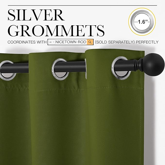 NICETOWN Window Curtain Panels, Christmas Window Decoration Thermal Insulated Solid Grommet Blackout Draperies/Drapes (One Pair, 34 by 84-inch, Olive Green)