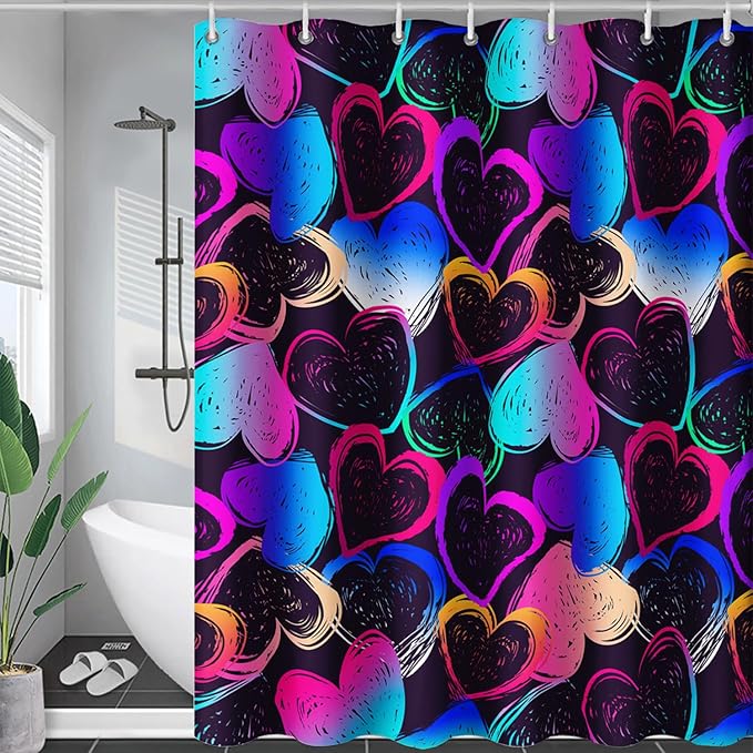 AILONEN Hearts Shower Curtain for Bathroom, Colorful Hearts Love Theme Bath Curtain for Kids Girls Women,Abstract Hearts Print Black Shower Curtain Waterproof with 12 Plastic Hooks, 60" W*72" H