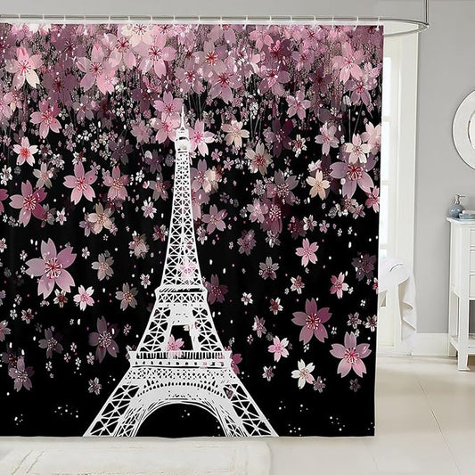 Feelyou Eiffel Tower Shower Curtain 72"x84" Kids Cherry Blossoms Bathroom Shower Curtain Set for Boys Girls Teens Romantic Paris Bath Curtain Floral Botanical Bathroom Accessories
