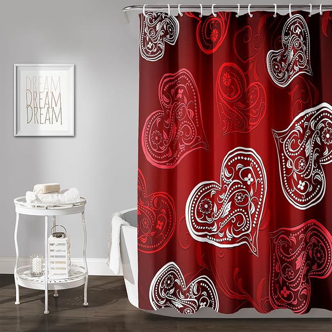 AILONEN Heart Love Shower Curtain for Bathroom, Red and White Floral Hearts Print Bath Curtain,Minimalism Hearts Decoration Shower Curtain Waterproof with 12 Plastic Hooks, 72" W*84" H