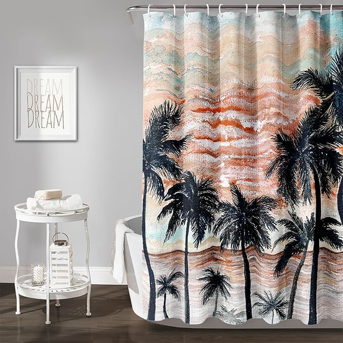 AILONEN Beach Shower Curtain,Retro Afterglow Bathroom Shower Curtain Sets for Girls Boys Teens Women, 72" W*84" H Sunset Coconut Tree Theme Bathroom Decors