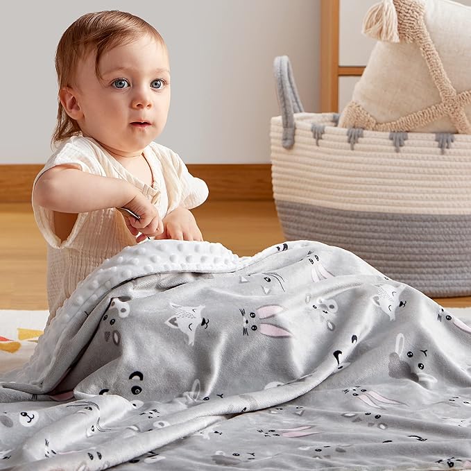DaysU Silky Micro Soft Plush Baby Blankets Unisex with Print Animal Pattern and Soothing Raised Dots, Double Layer Bed Throws for Baby Crib, Animal Faces, Grey, 30x40 Inches