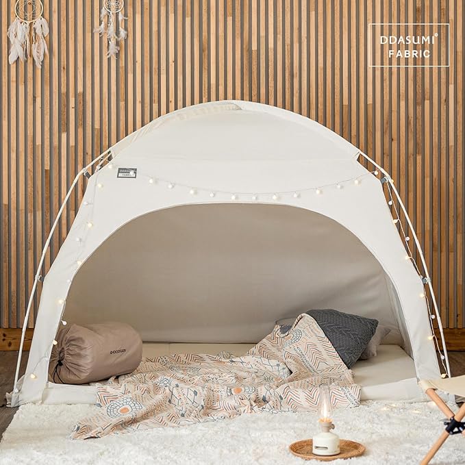 Fabric Indoor Bed Tent, Privacy Play Tent on Bed for Warm and Cozy Dream Sleep Tent, Floorless Type Tent.Cotton Feeling Tent,S-PE Pole, Washable Tents (Ivory, Twin)