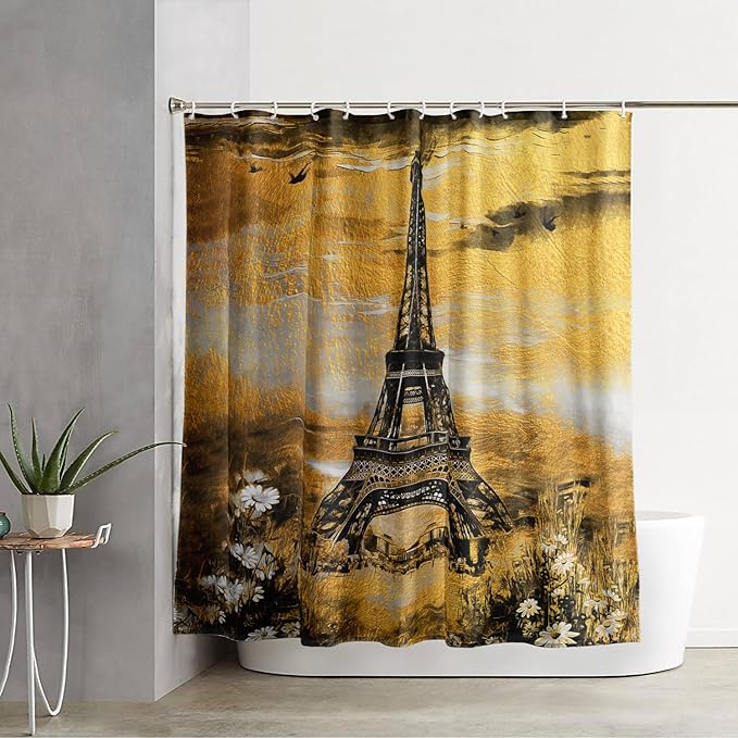 AILONEN Eiffel Tower Shower Curtain,Afterglow Tower Bathroom Fabric Shower Curtain for Boys Kids Teens, 60" W*72" H Vintage Orange & Black Style Paris Tower Bathroom Decor