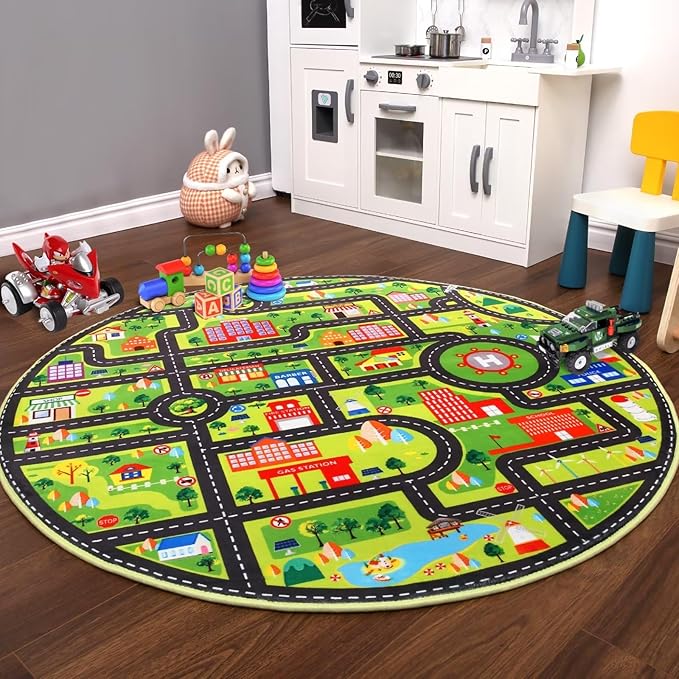 Round Kids Playmat, City Life Carpet Mat Toddler Classroom Kids Road and Traffic Carpet Non Slip Nursery Rug City Map Educational Rug for Bedroom Kids Boys Room, 4' x 4' Round, Black